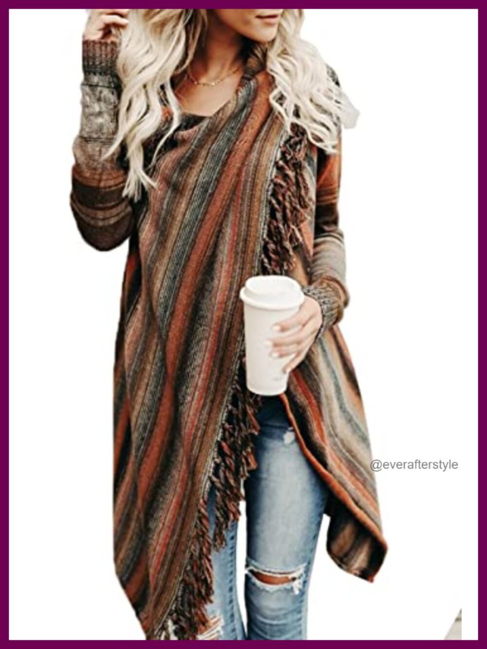 Open Front Knit Cardigan with Tassels and Fringe Loose Fit Speckled Acrylic